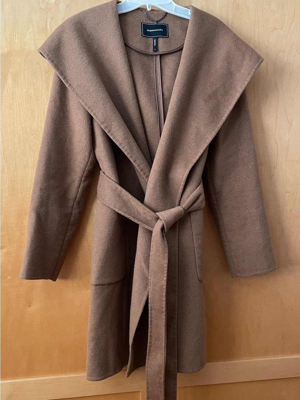 BCBGMaxAzria Camel Brown Belted Wrap Wool-blend Coat